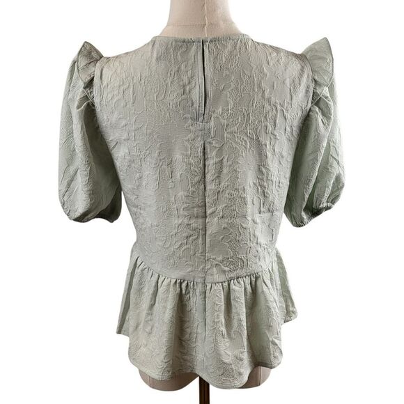 NEW Express X-Small Green Blouse Pullover Puff Sleeves Shoulder Ruffle Peplum - Picture 4 of 12